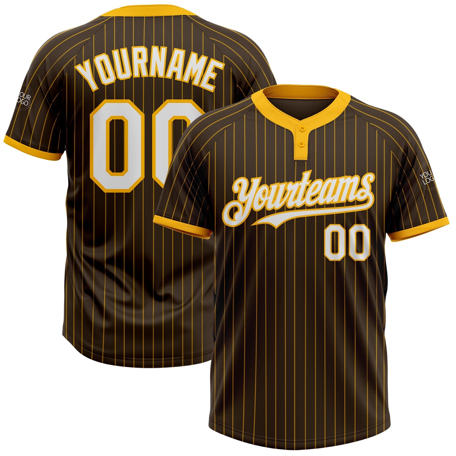 Custom Brown Gold Pinstripe White Two-Button Unisex Softball Jersey - Main View