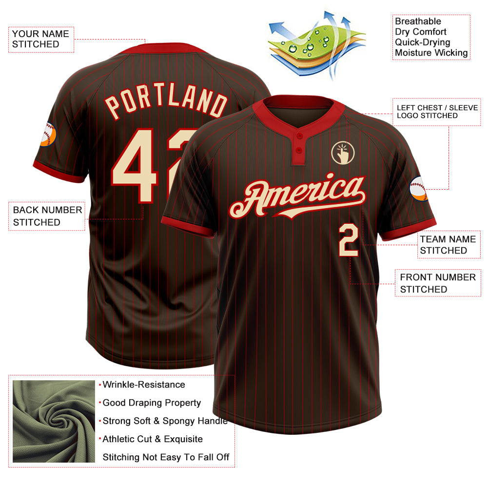 Custom Brown Red Pinstripe Cream Two-Button Unisex Softball Jersey view 3