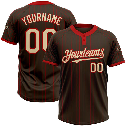 Custom Brown Red Pinstripe Cream Two-Button Unisex Softball Jersey - Main View