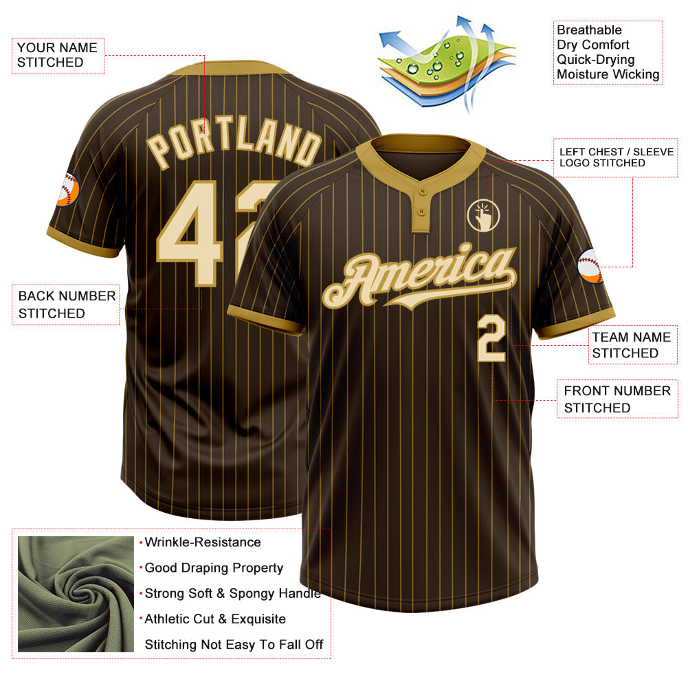 Custom Brown Old Gold Pinstripe Cream Two-Button Unisex Softball Jersey view 3