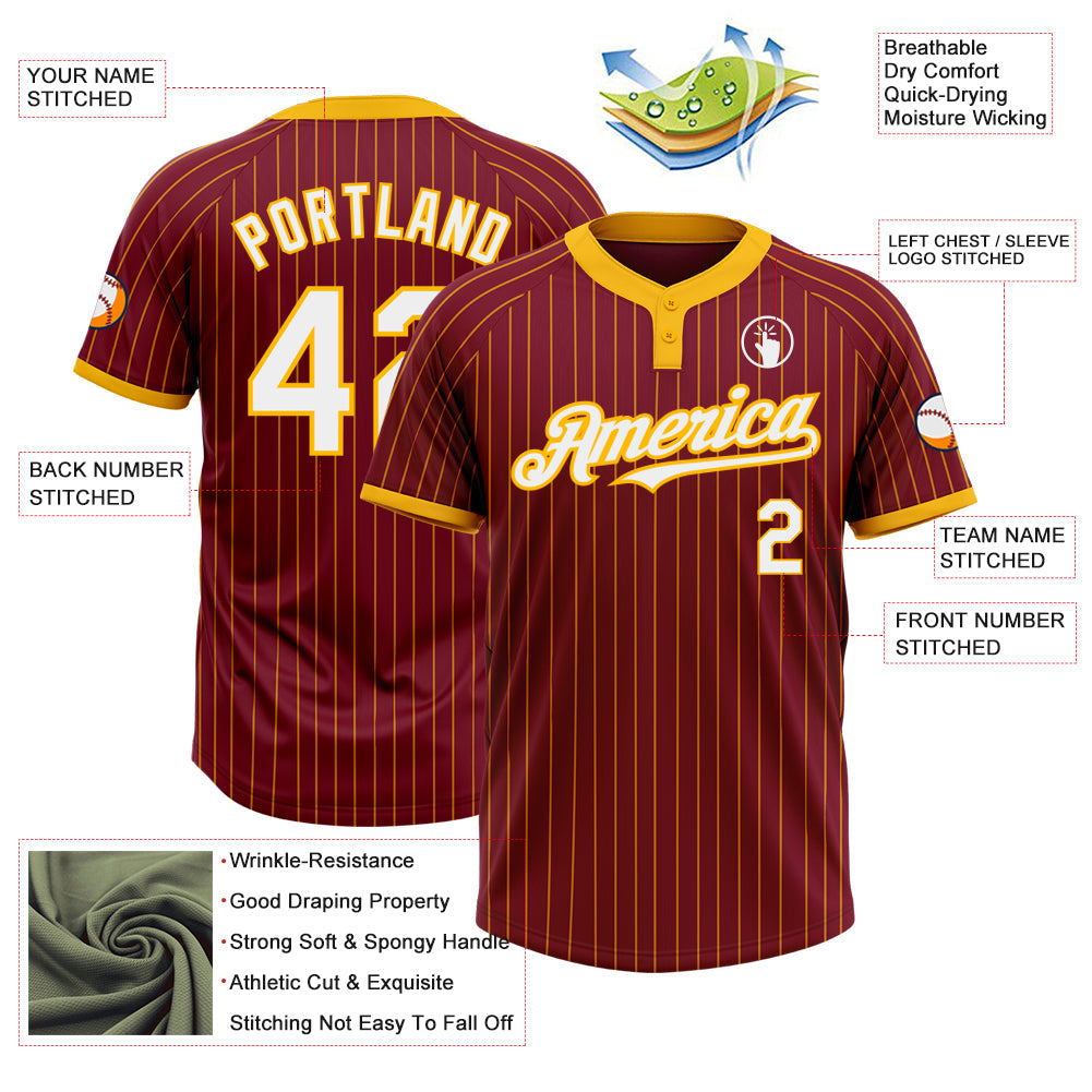 Custom Crimson Gold Pinstripe White Two-Button Unisex Softball Jersey view 3