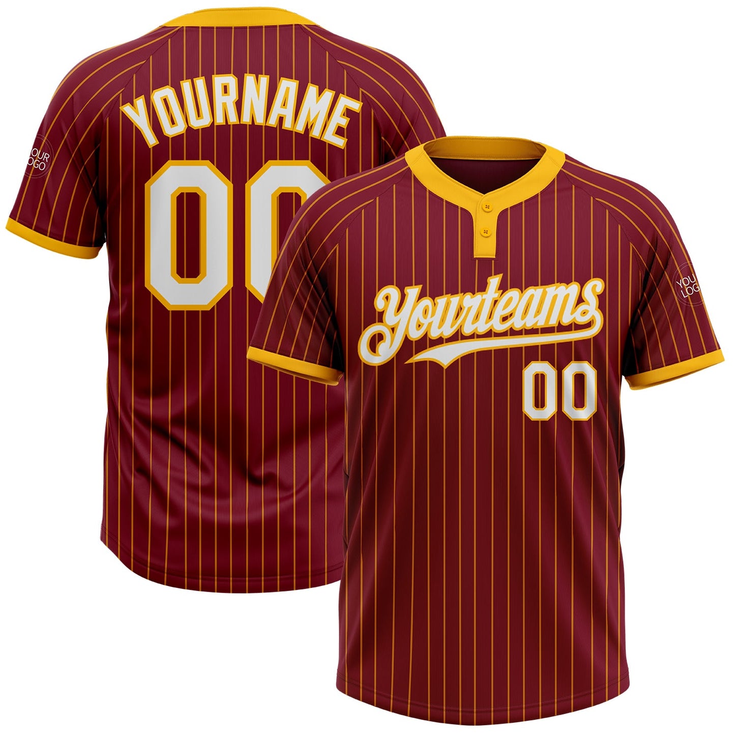 Custom Crimson Gold Pinstripe White Two-Button Unisex Softball Jersey - Main View