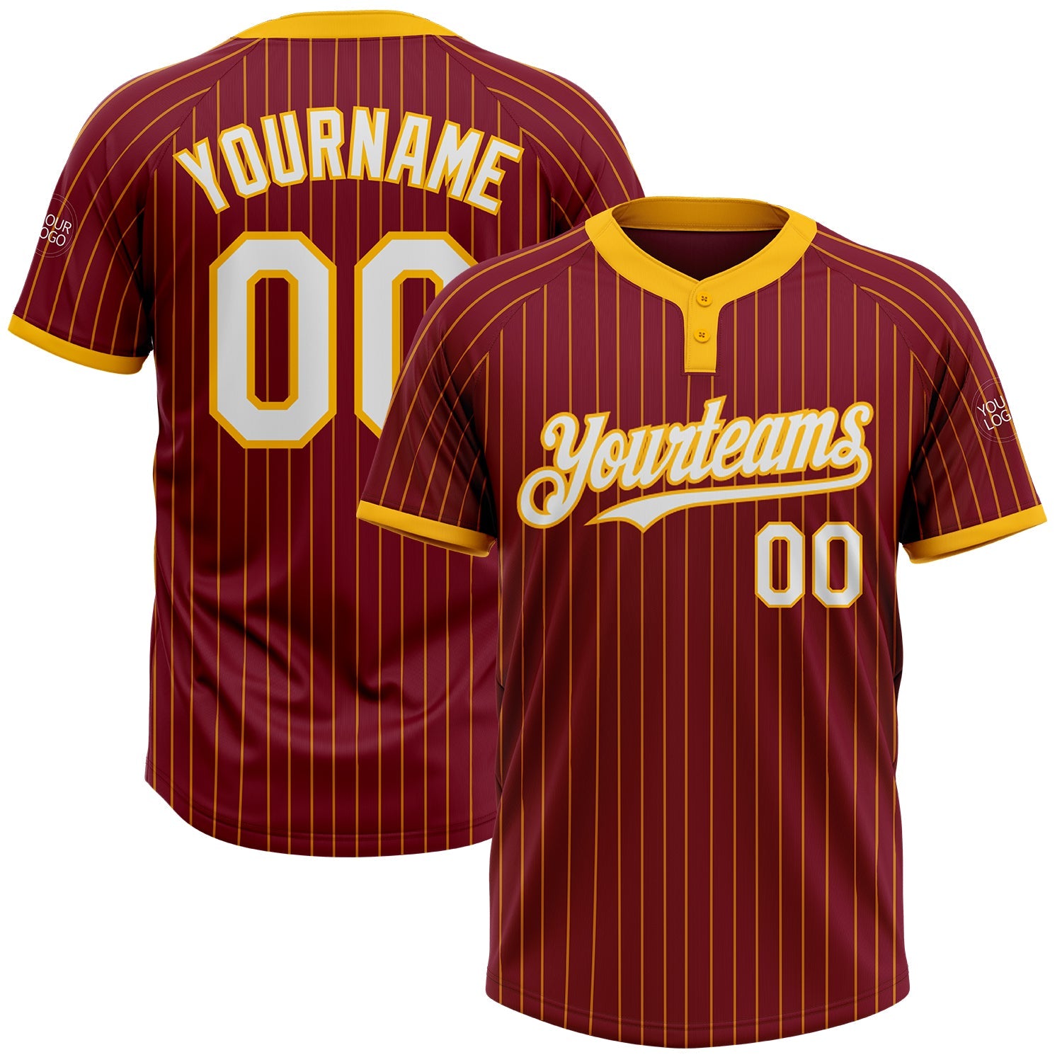 Custom Crimson Gold Pinstripe White Two-Button Unisex Softball Jersey - Main View