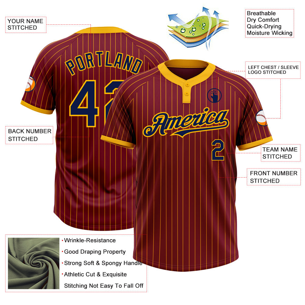 Custom Crimson Gold Pinstripe Navy Two-Button Unisex Softball Jersey view 3