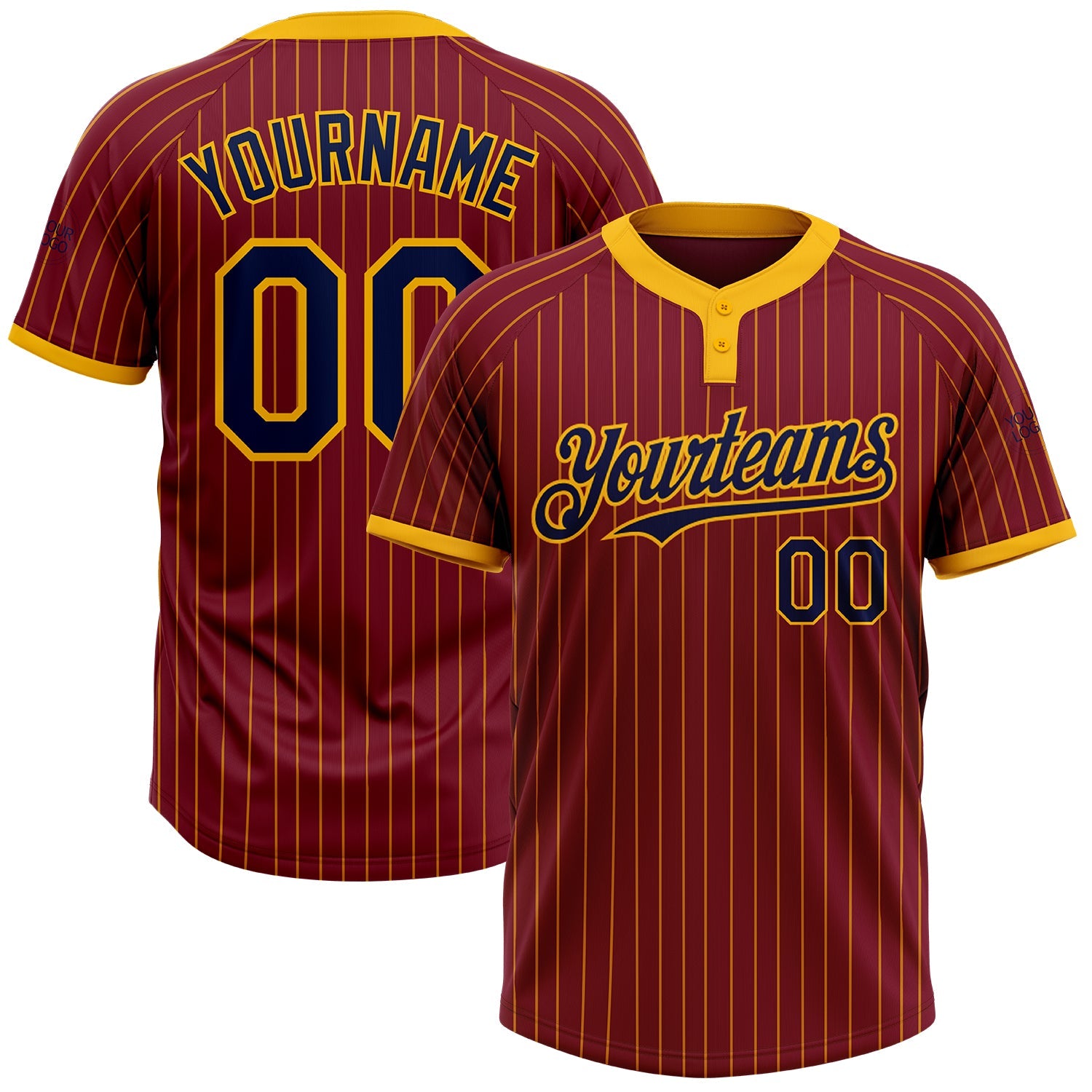 Custom Crimson Gold Pinstripe Navy Two-Button Unisex Softball Jersey - Main View