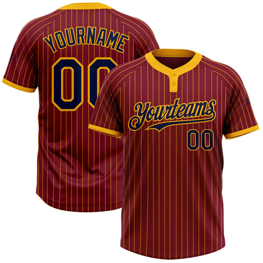 Custom Crimson Gold Pinstripe Navy Two-Button Unisex Softball Jersey - Main View