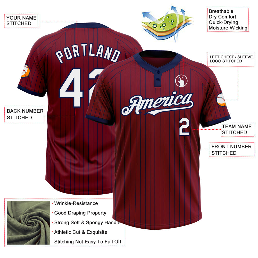 Custom Crimson Navy Pinstripe White Two-Button Unisex Softball Jersey view 3