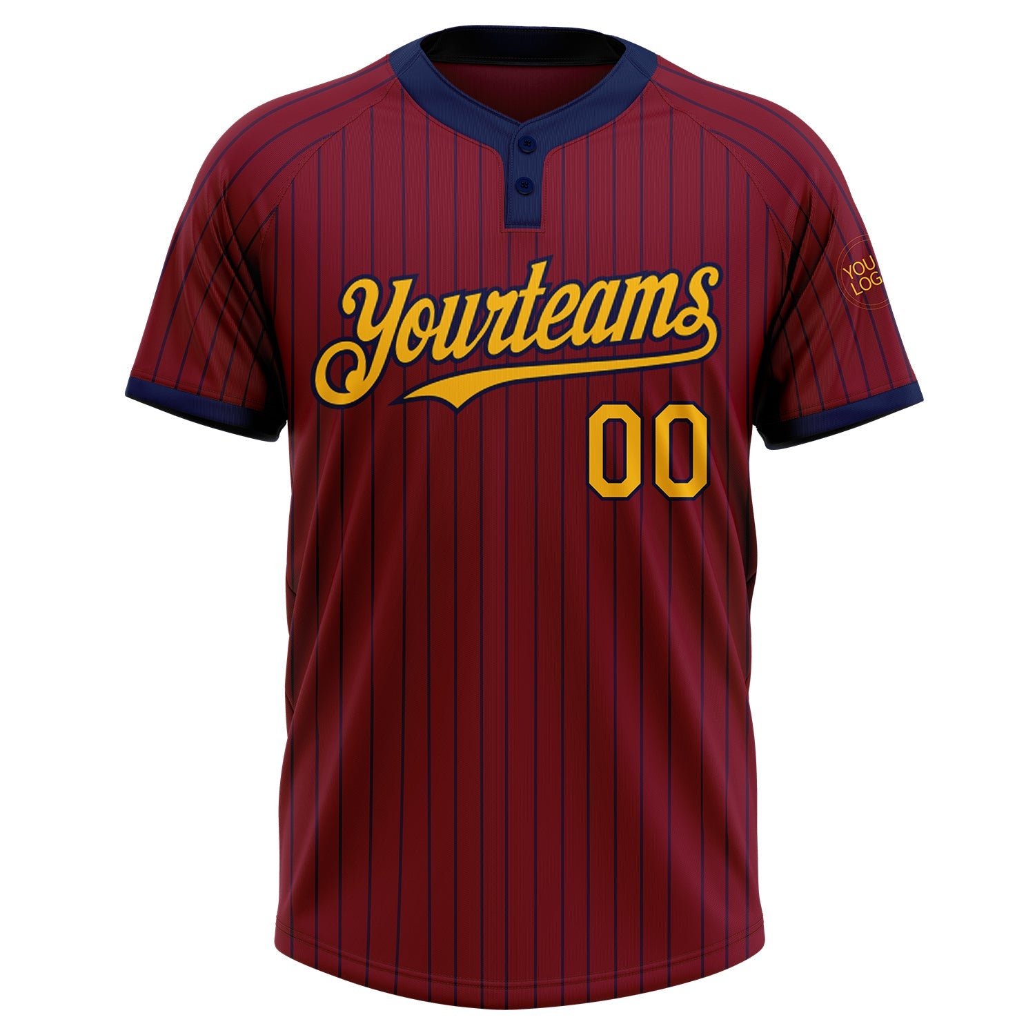 Custom Crimson Navy Pinstripe Gold Two-Button Unisex Softball Jersey view 2