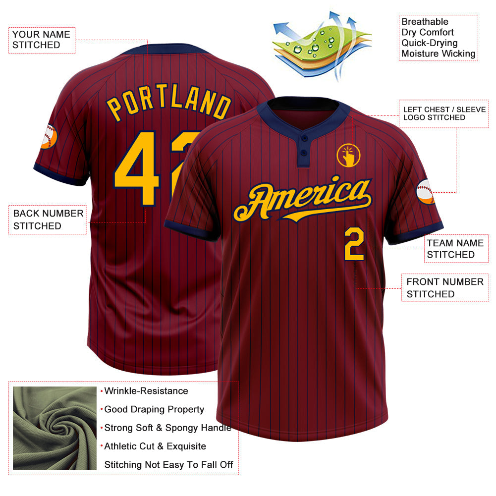 Custom Crimson Navy Pinstripe Gold Two-Button Unisex Softball Jersey view 3