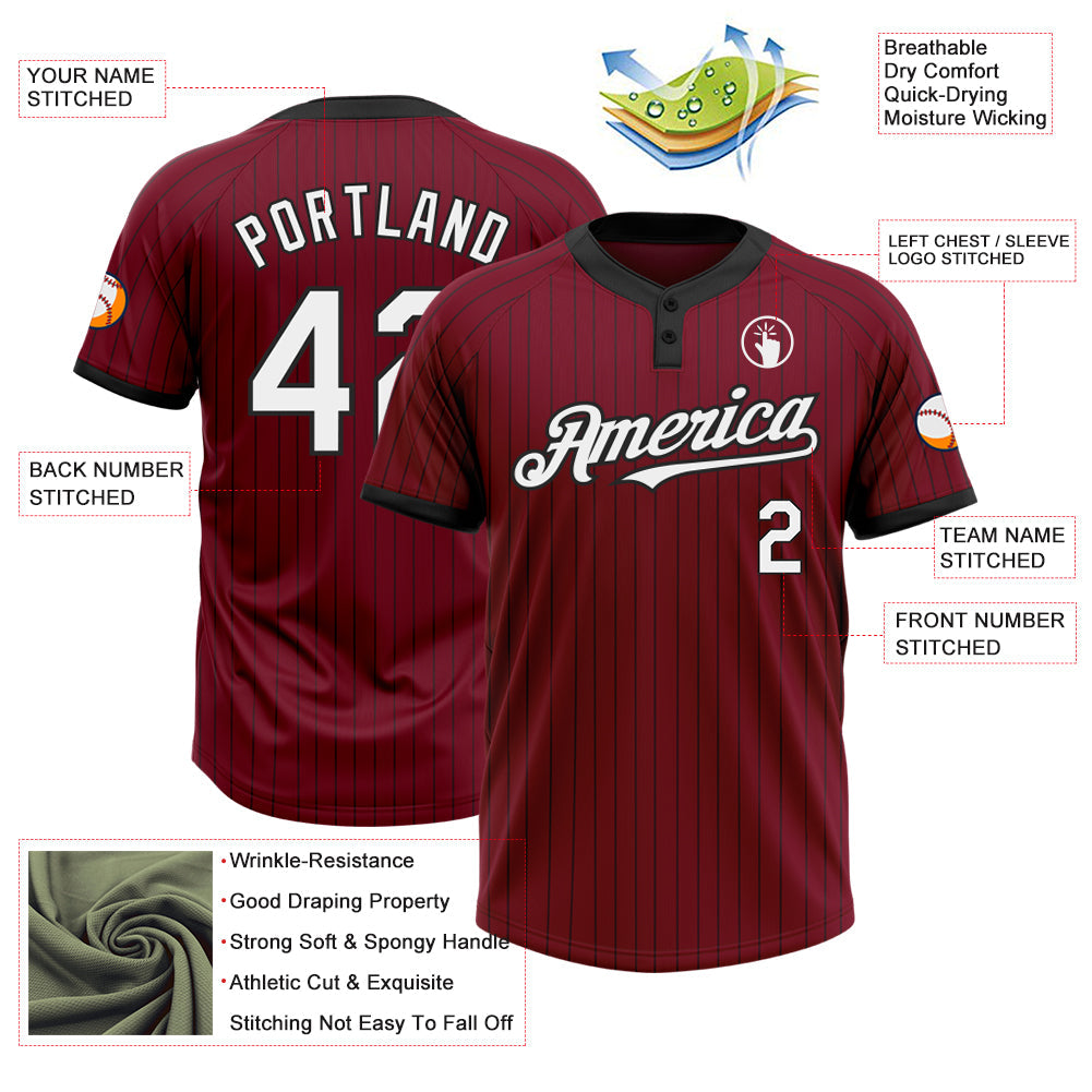 Custom Crimson Black Pinstripe White Two-Button Unisex Softball Jersey view 3
