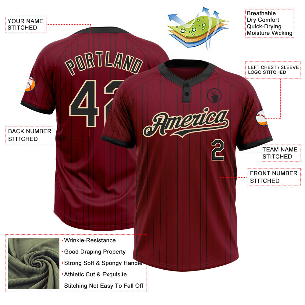 Custom Crimson Black Pinstripe Cream Two-Button Unisex Softball Jersey view 3