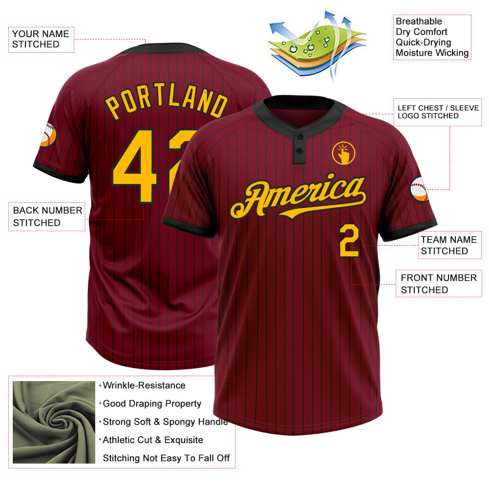 Custom Crimson Black Pinstripe Gold Two-Button Unisex Softball Jersey view 3