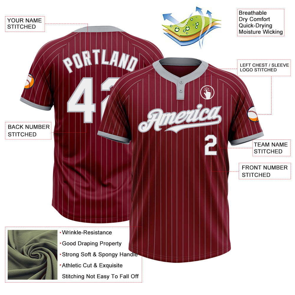 Custom Crimson Gray Pinstripe White Two-Button Unisex Softball Jersey view 3