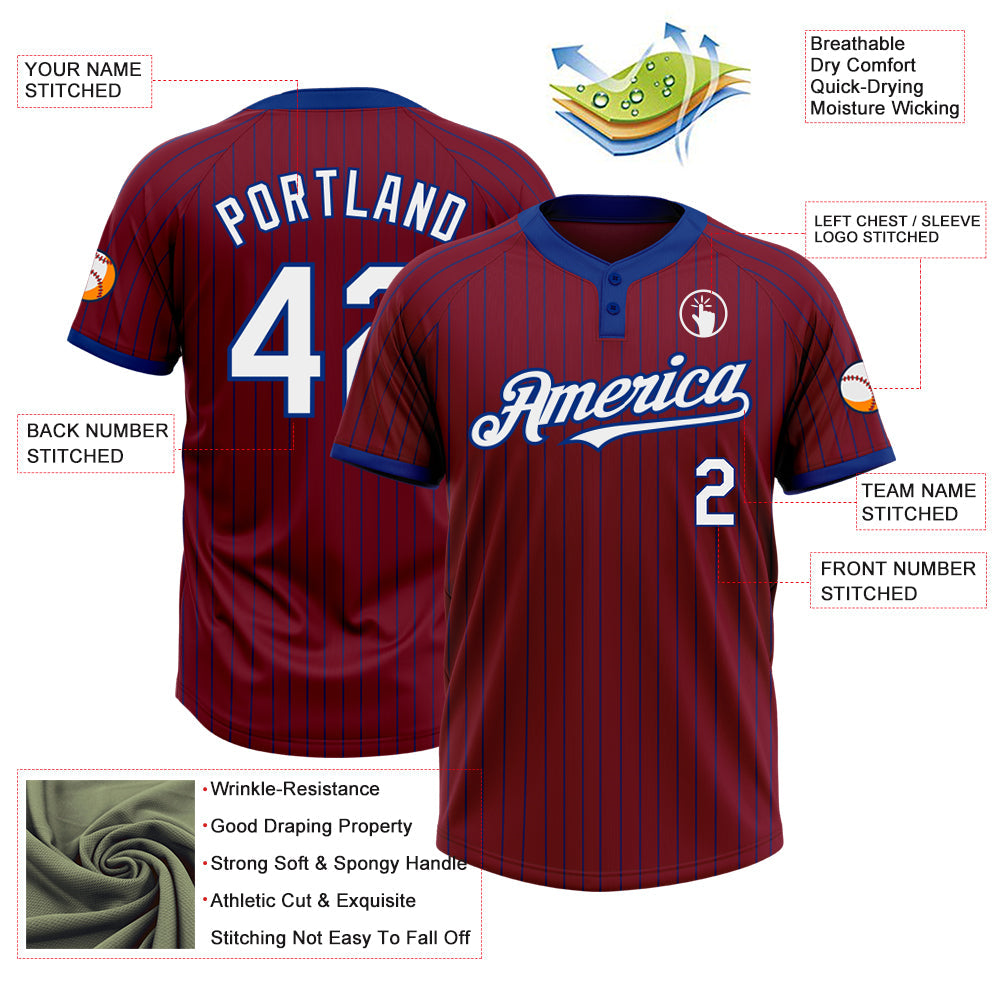 Custom Crimson Royal Pinstripe White Two-Button Unisex Softball Jersey view 3
