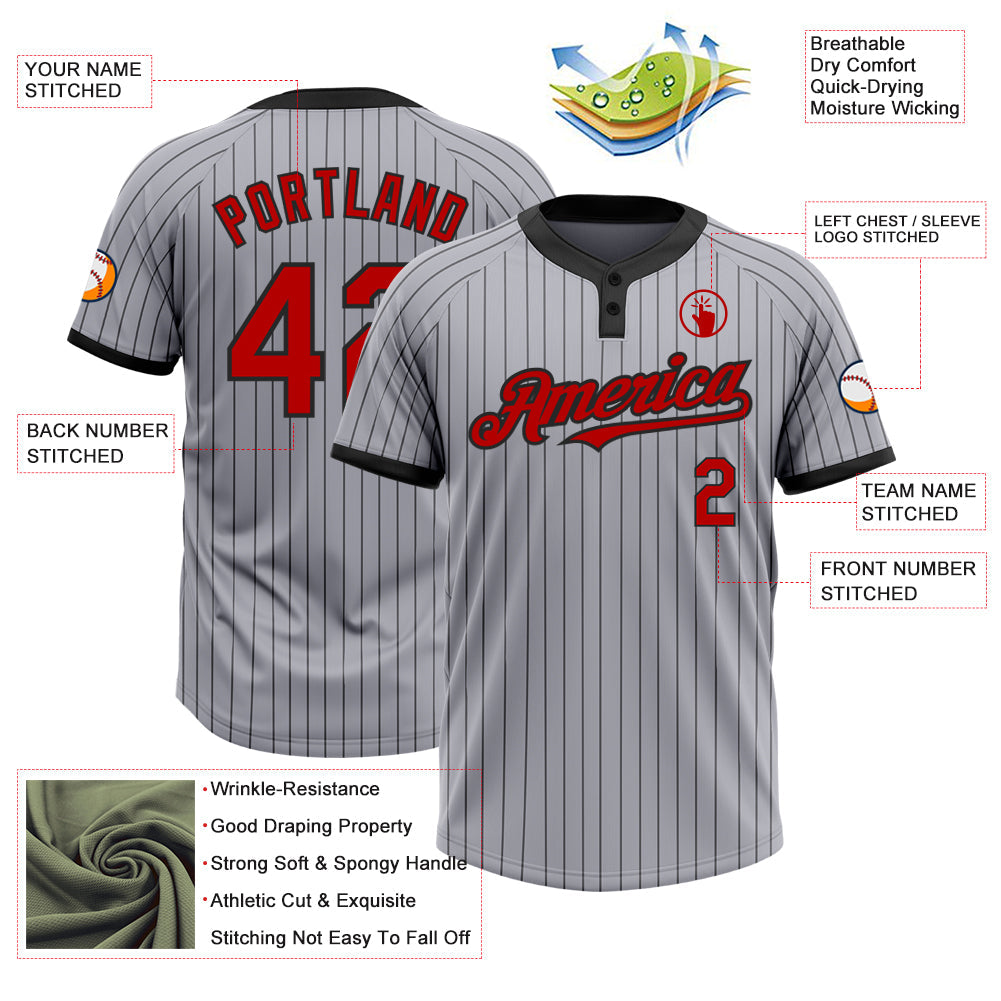 Custom Gray Black Pinstripe Red Two-Button Unisex Softball Jersey view 3