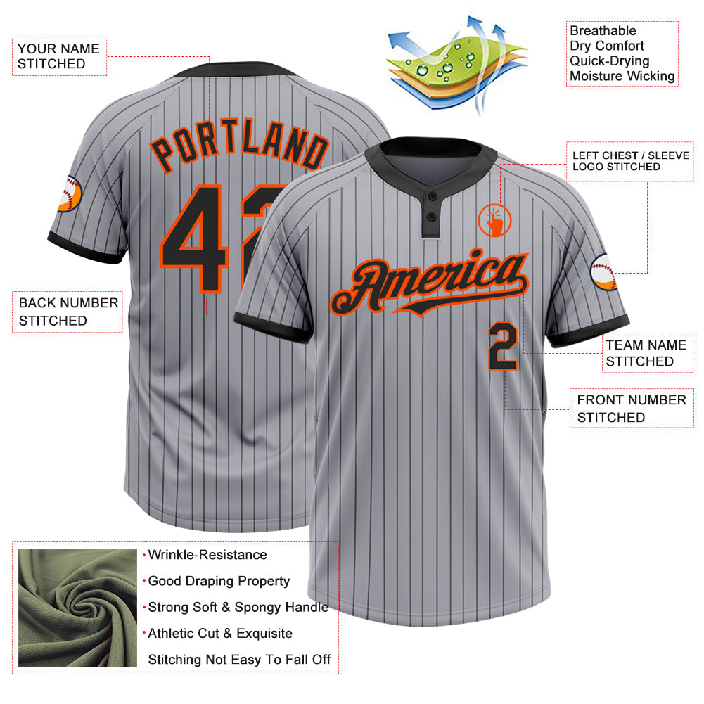 Custom Gray Black Pinstripe Orange Two-Button Unisex Softball Jersey view 3