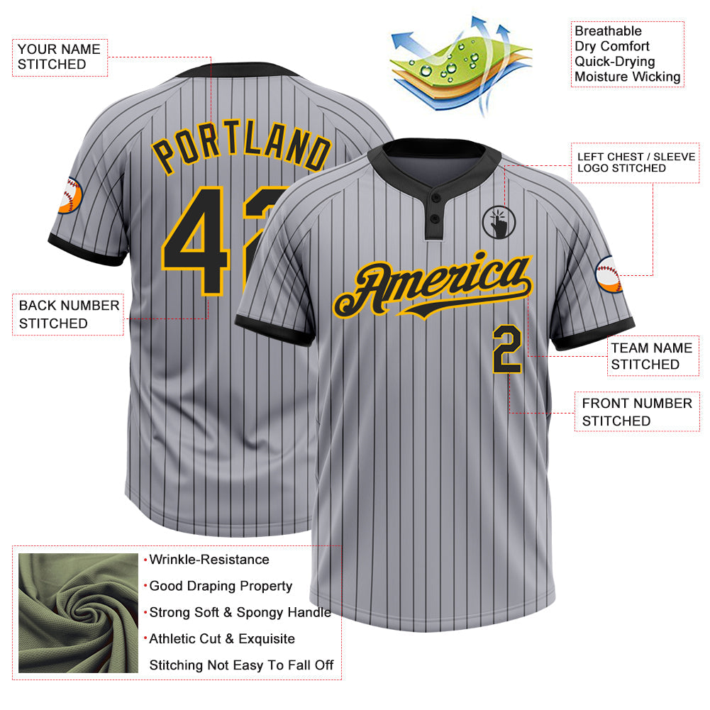 Custom Gray Black Pinstripe Gold Two-Button Unisex Softball Jersey view 3