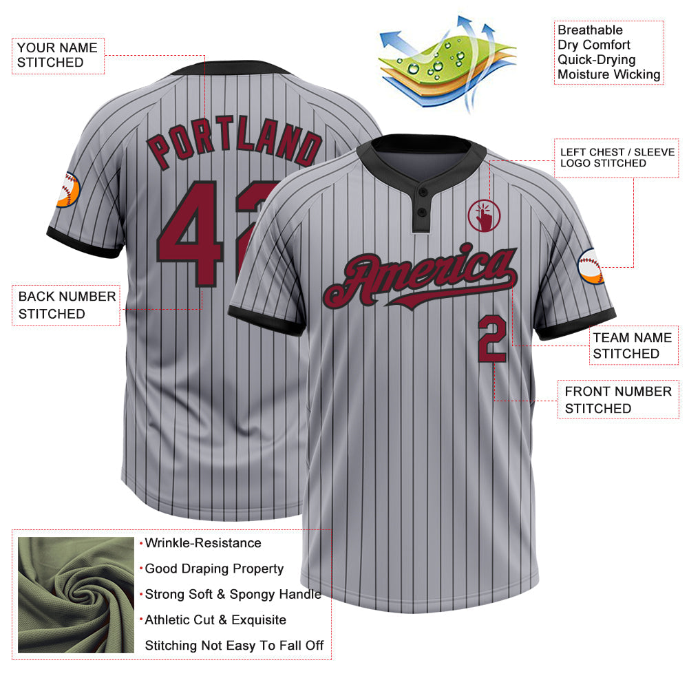 Custom Gray Black Pinstripe Crimson Two-Button Unisex Softball Jersey view 3
