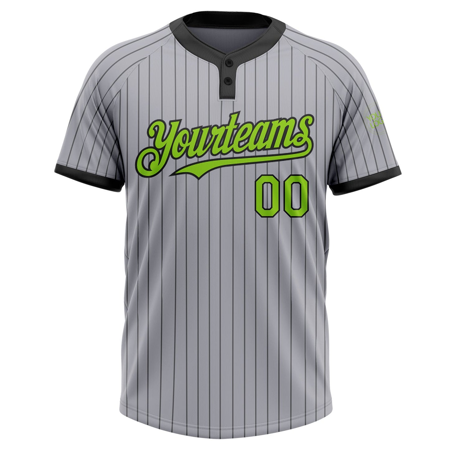 Custom Gray Black Pinstripe Neon Green Two-Button Unisex Softball Jersey view 2