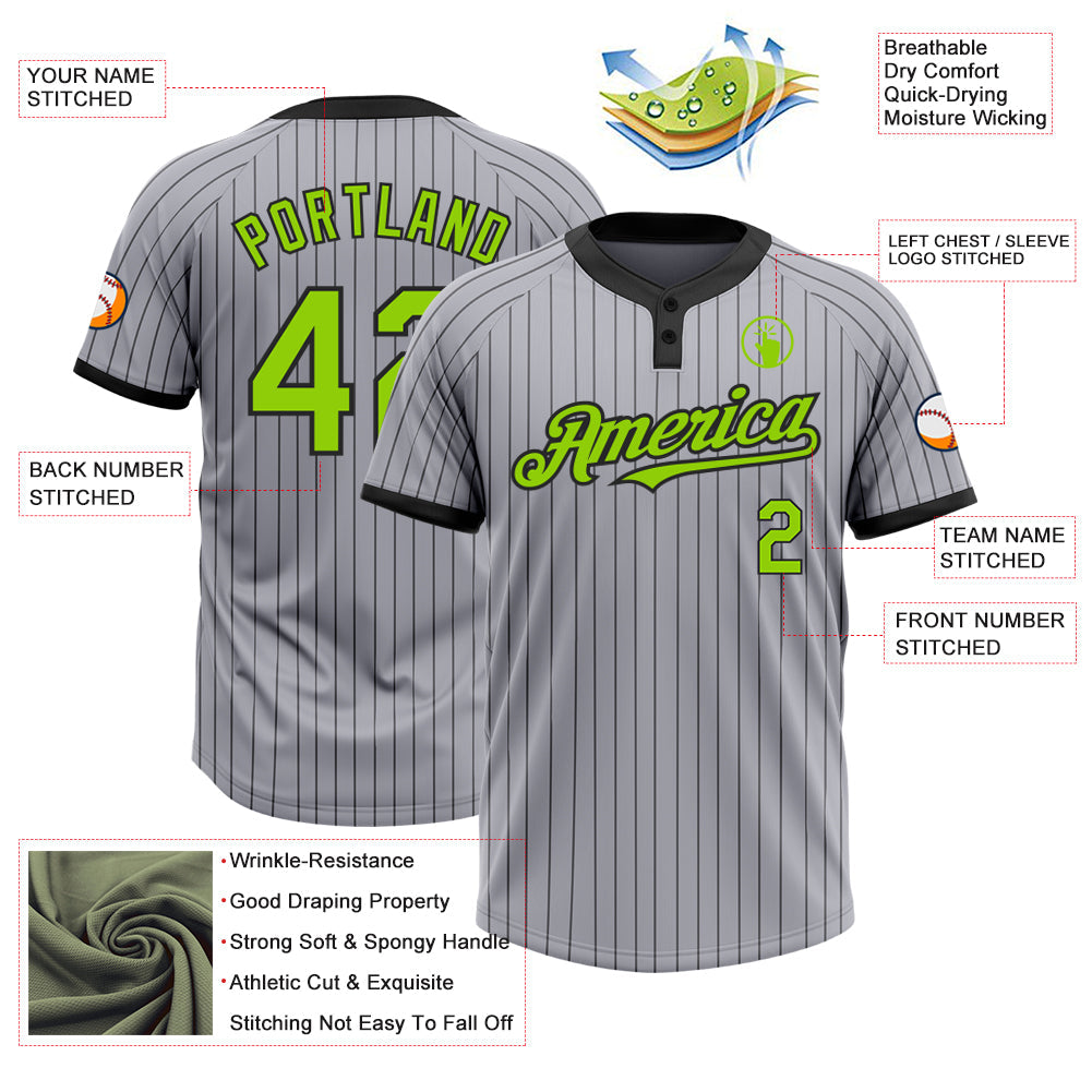 Custom Gray Black Pinstripe Neon Green Two-Button Unisex Softball Jersey view 3