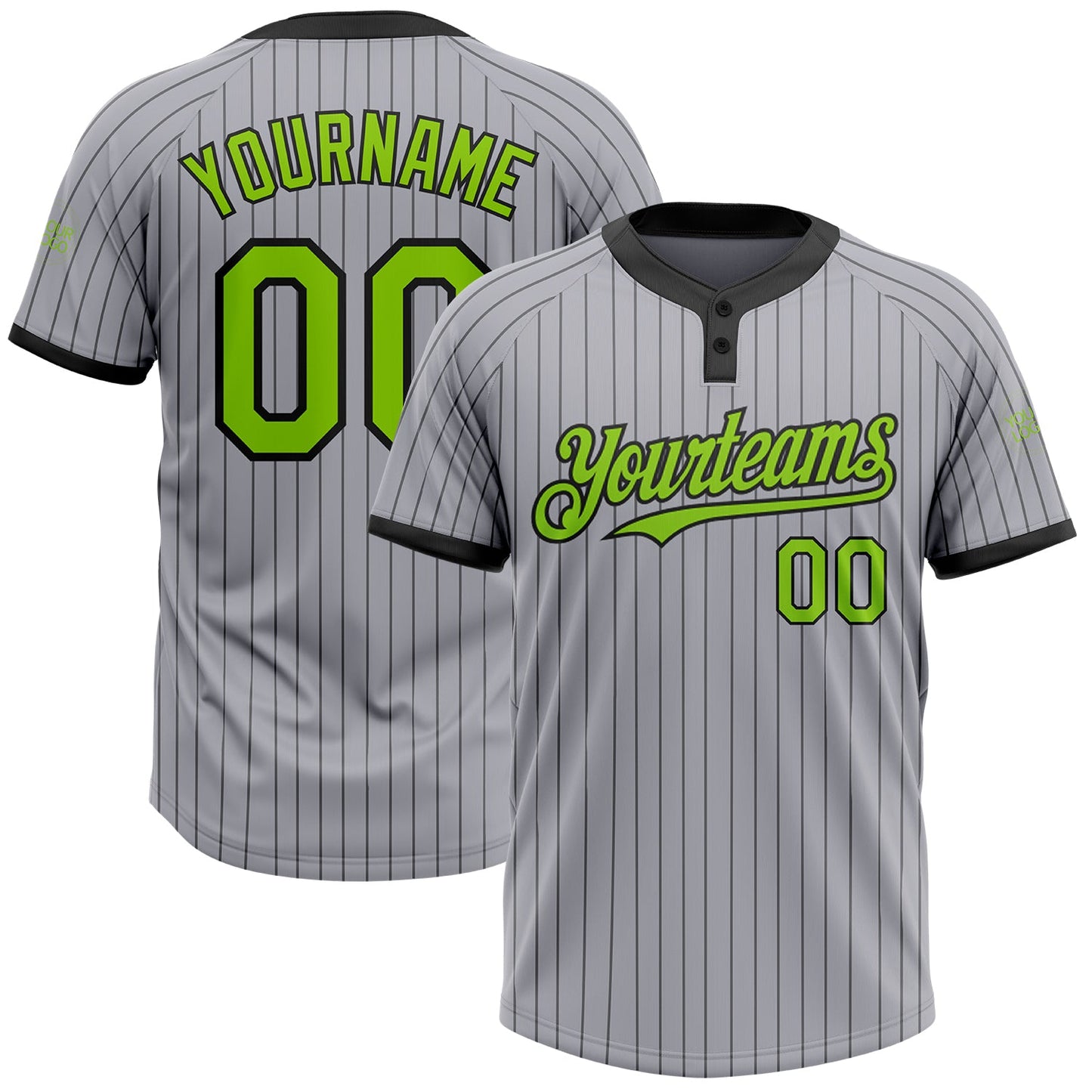 Custom Gray Black Pinstripe Neon Green Two-Button Unisex Softball Jersey - Main View