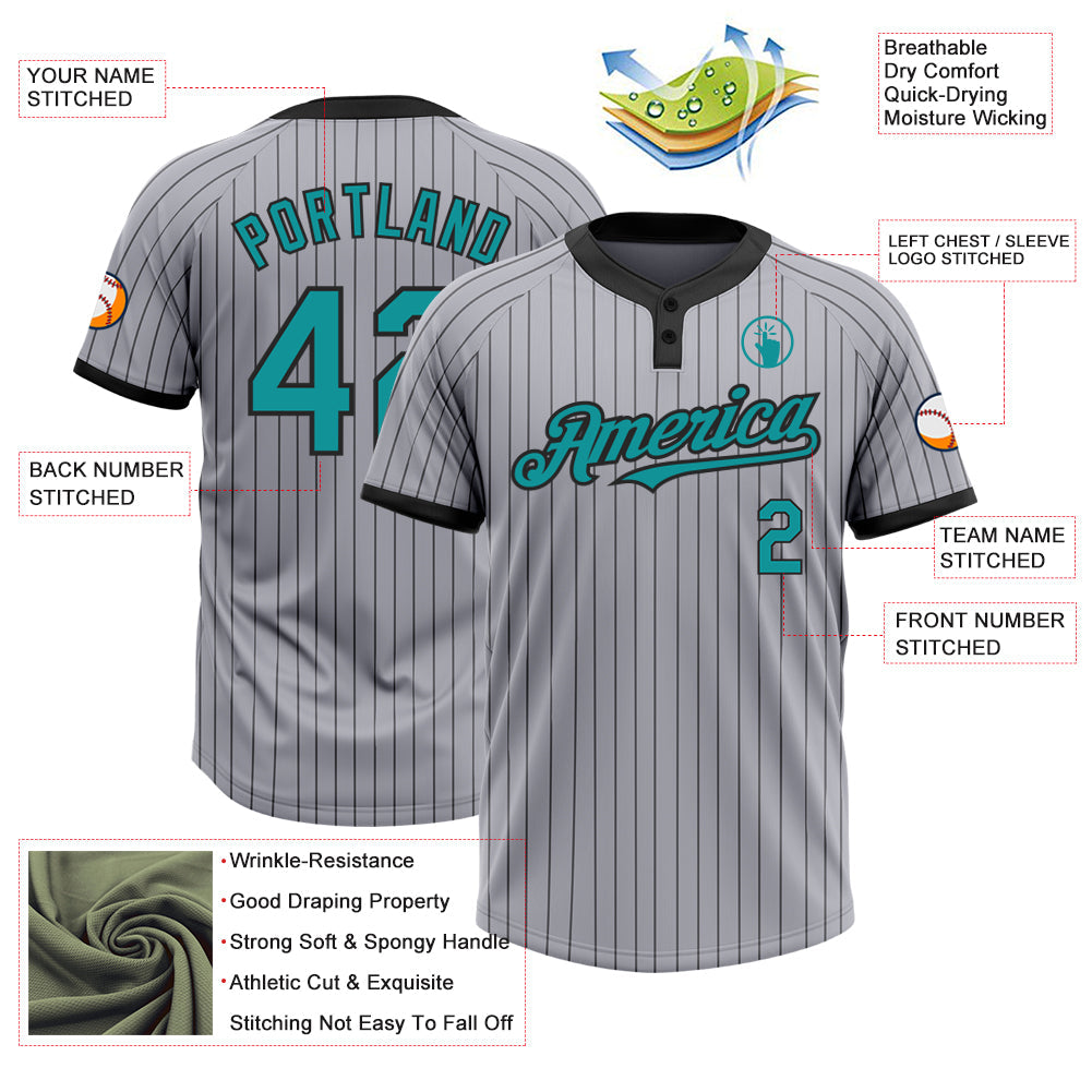 Custom Gray Black Pinstripe Teal Two-Button Unisex Softball Jersey view 3
