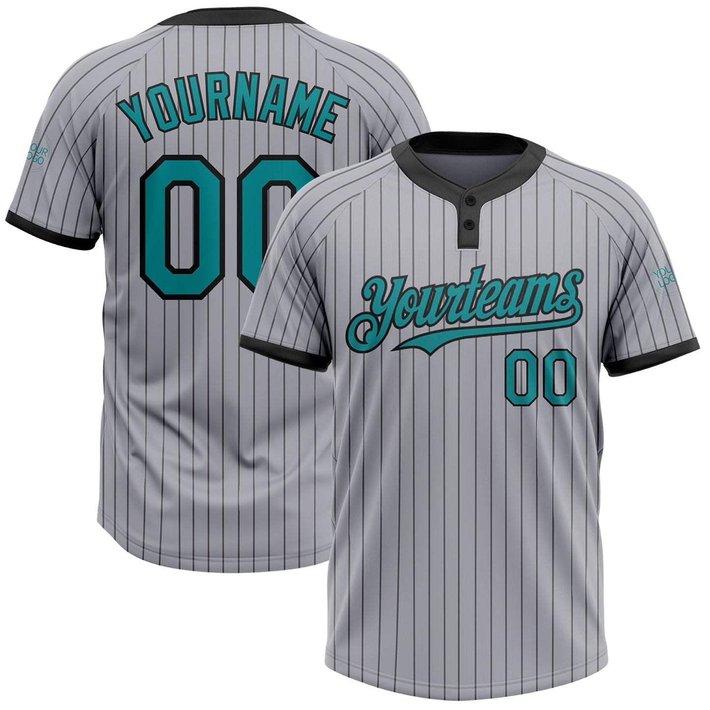 Custom Gray Black Pinstripe Teal Two-Button Unisex Softball Jersey - Main View
