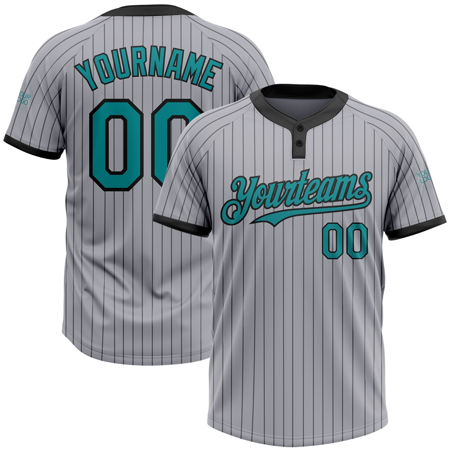 Custom Gray Black Pinstripe Teal Two-Button Unisex Softball Jersey - Main View