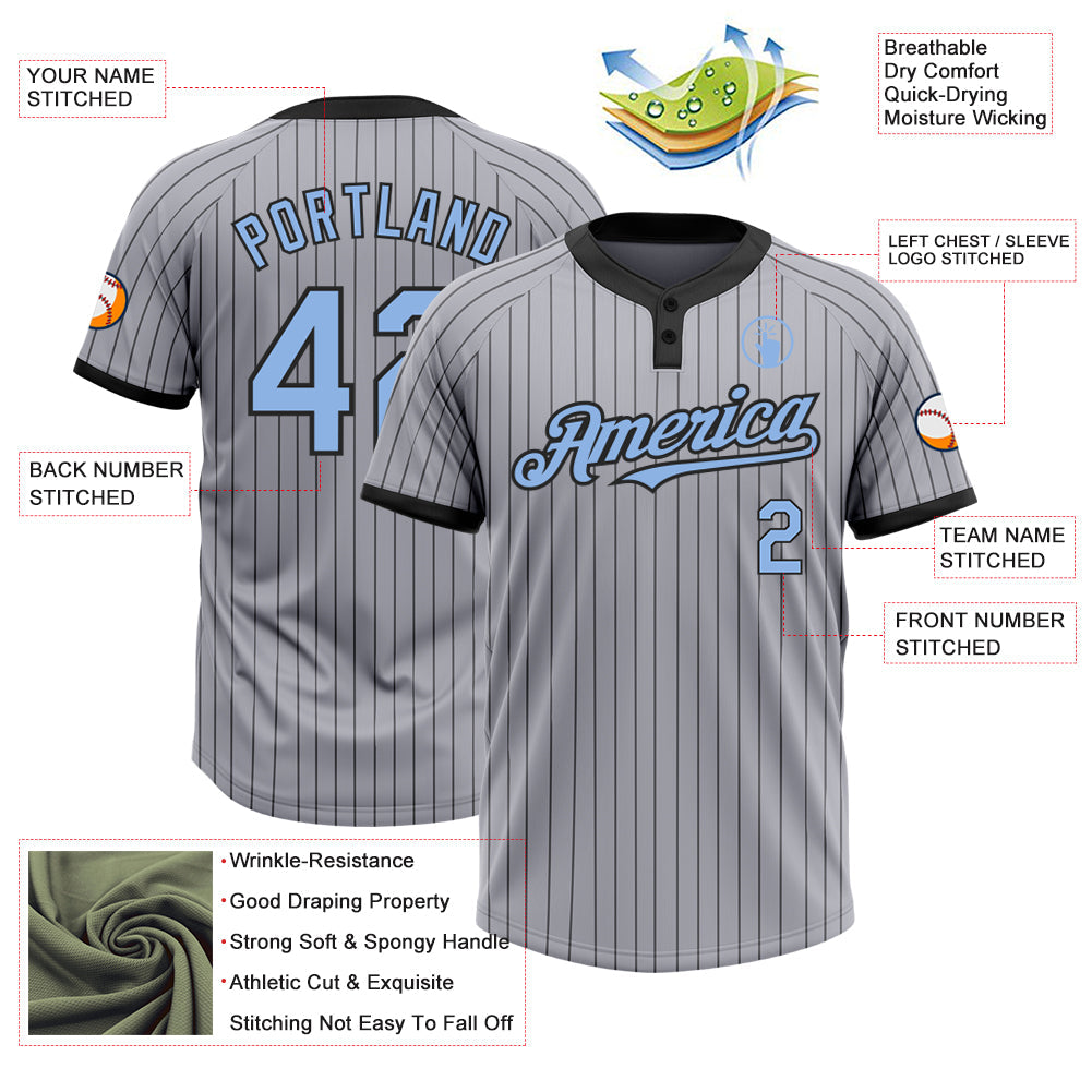 Custom Gray Black Pinstripe Light Blue Two-Button Unisex Softball Jersey view 3