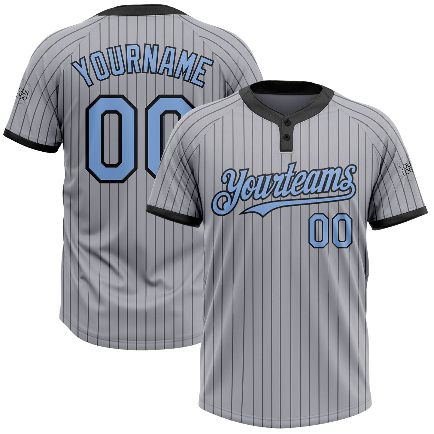 Custom Gray Black Pinstripe Light Blue Two-Button Unisex Softball Jersey - Main View