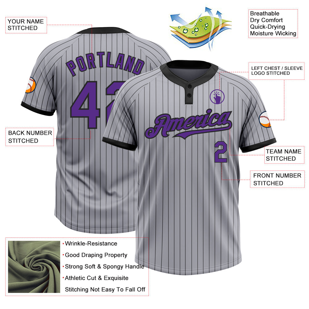 Custom Gray Black Pinstripe Purple Two-Button Unisex Softball Jersey view 3