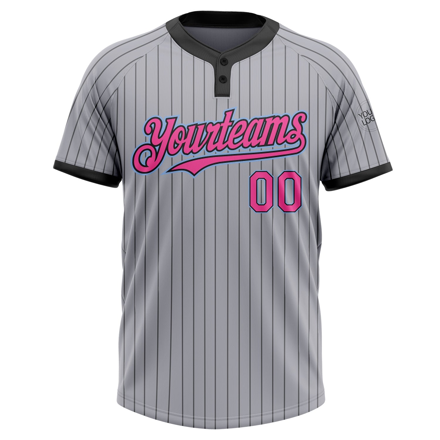 Custom Gray Black Pinstripe Pink-Light Blue Two-Button Unisex Softball Jersey view 2