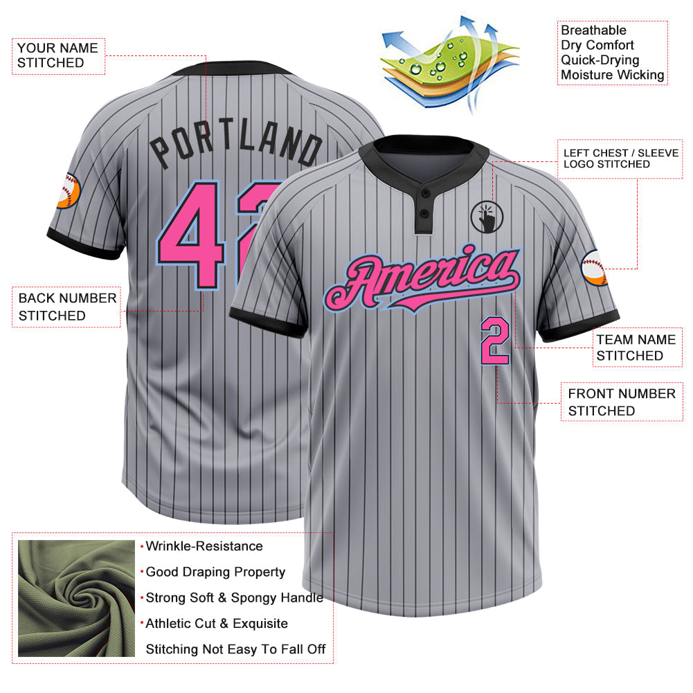 Custom Gray Black Pinstripe Pink-Light Blue Two-Button Unisex Softball Jersey view 3