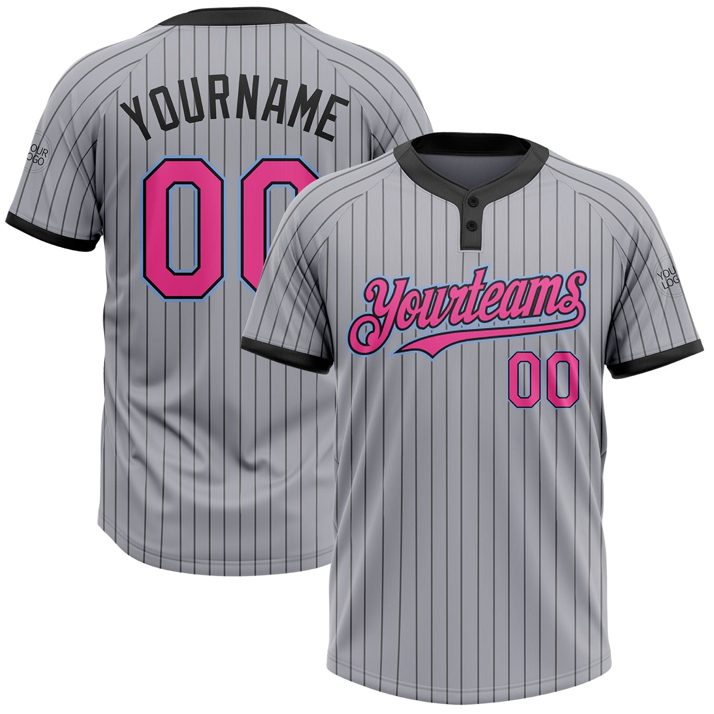 Custom Gray Black Pinstripe Pink-Light Blue Two-Button Unisex Softball Jersey - Main View
