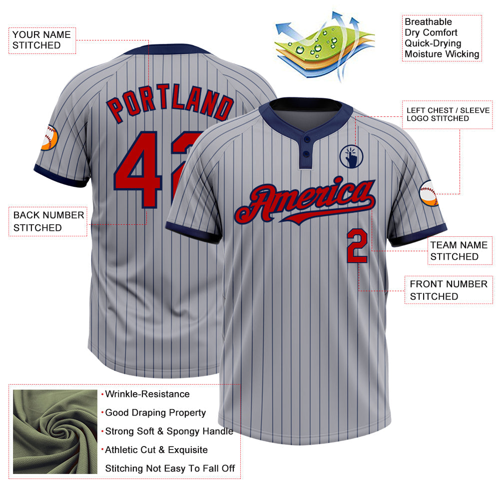 Custom Gray Navy Pinstripe Red Two-Button Unisex Softball Jersey view 3
