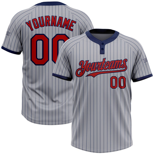 Custom Gray Navy Pinstripe Red Two-Button Unisex Softball Jersey - Main View