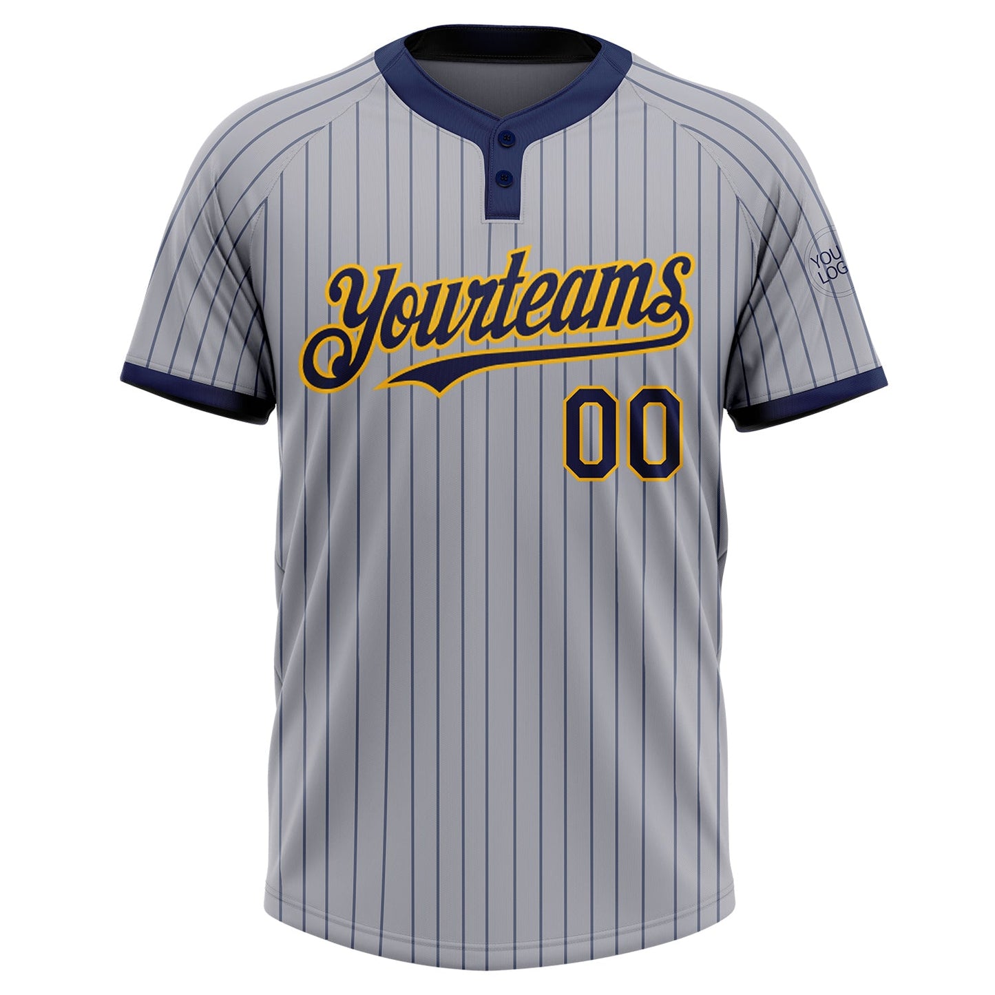 Custom Gray Navy Pinstripe Gold Two-Button Unisex Softball Jersey view 2
