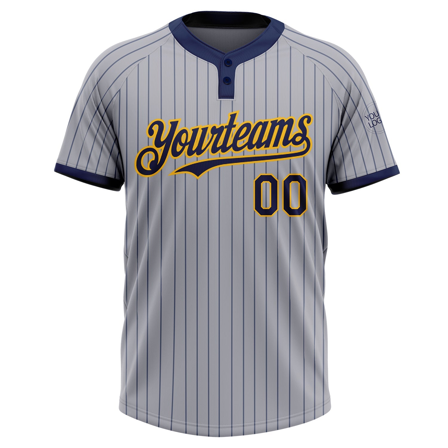 Custom Gray Navy Pinstripe Gold Two-Button Unisex Softball Jersey view 2
