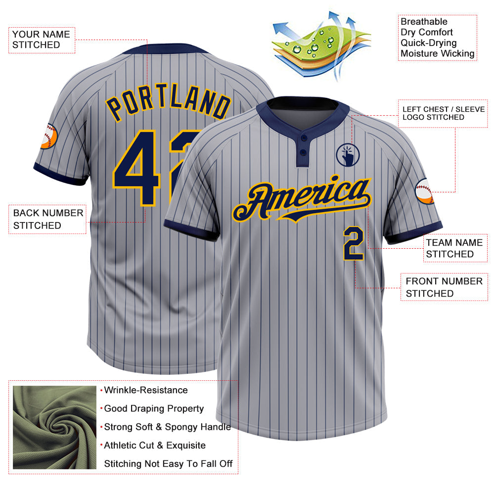 Custom Gray Navy Pinstripe Gold Two-Button Unisex Softball Jersey view 3