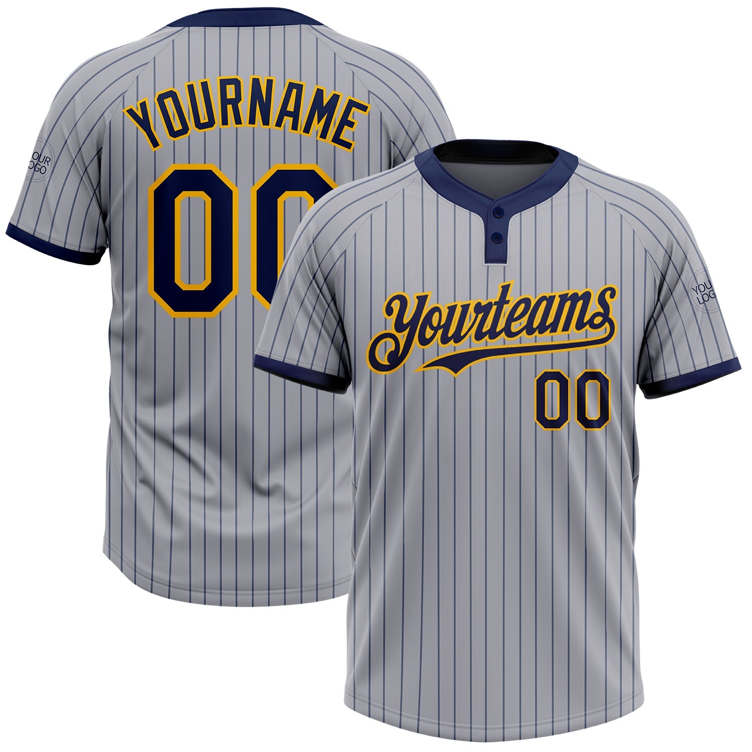 Custom Gray Navy Pinstripe Gold Two-Button Unisex Softball Jersey - Main View