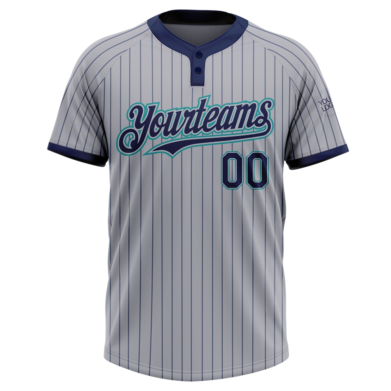 Custom Gray Navy Pinstripe Teal Two-Button Unisex Softball Jersey view 2