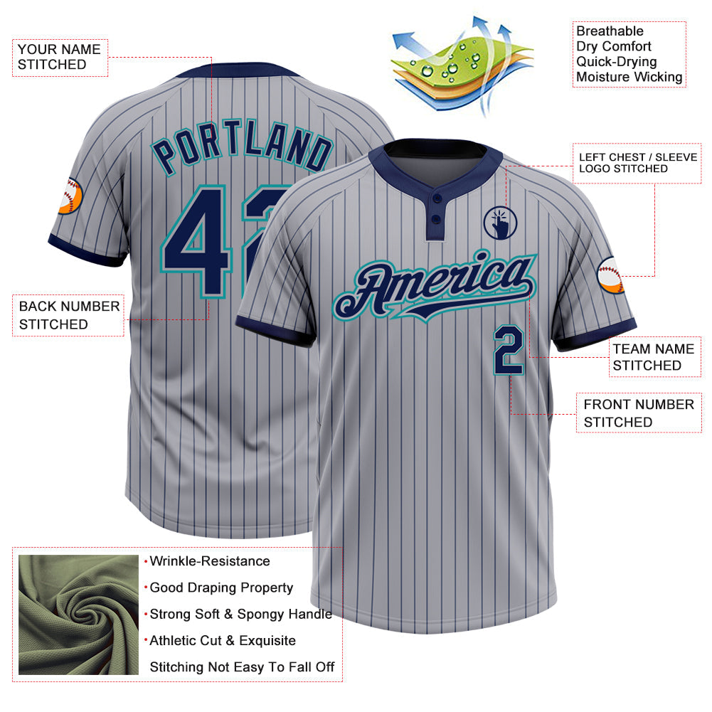 Custom Gray Navy Pinstripe Teal Two-Button Unisex Softball Jersey view 3