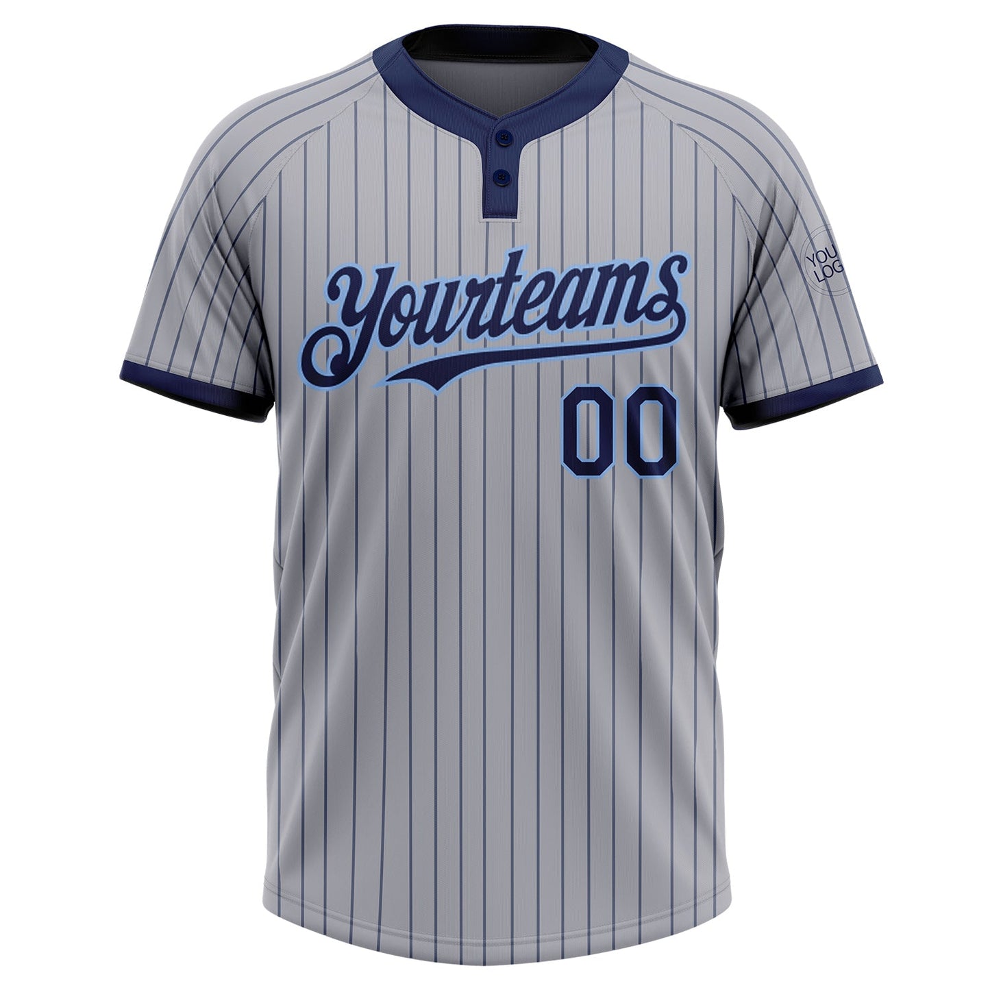 Custom Gray Navy Pinstripe Light Blue Two-Button Unisex Softball Jersey view 2