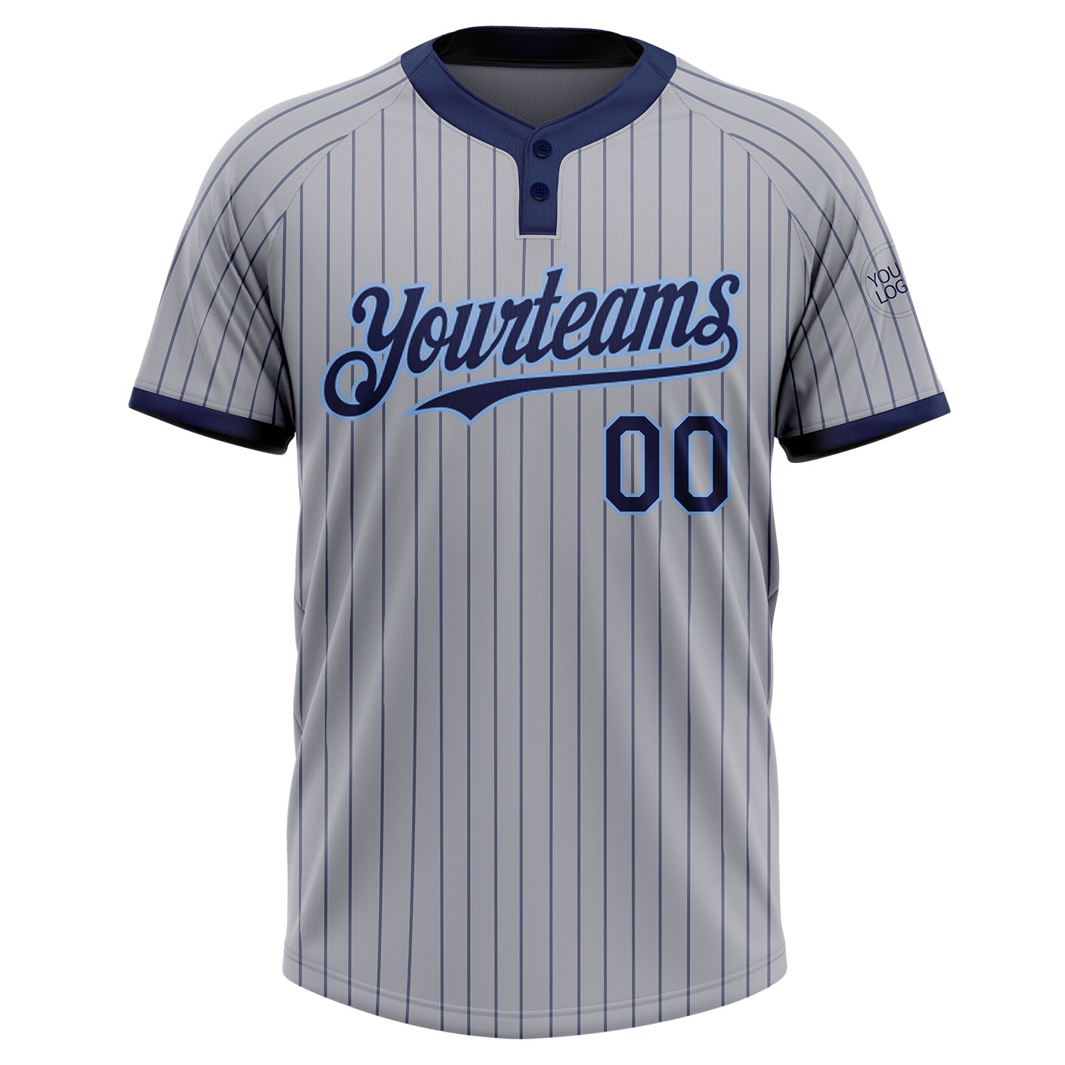 Custom Gray Navy Pinstripe Light Blue Two-Button Unisex Softball Jersey view 2