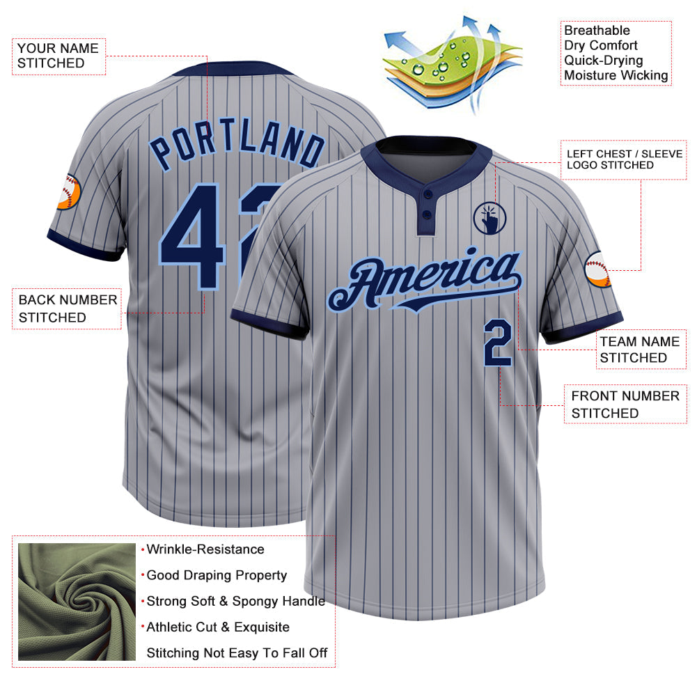 Custom Gray Navy Pinstripe Light Blue Two-Button Unisex Softball Jersey view 3