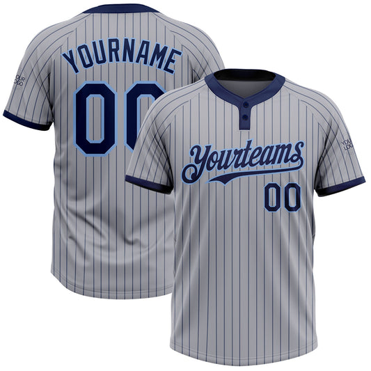 Custom Gray Navy Pinstripe Light Blue Two-Button Unisex Softball Jersey - Main View