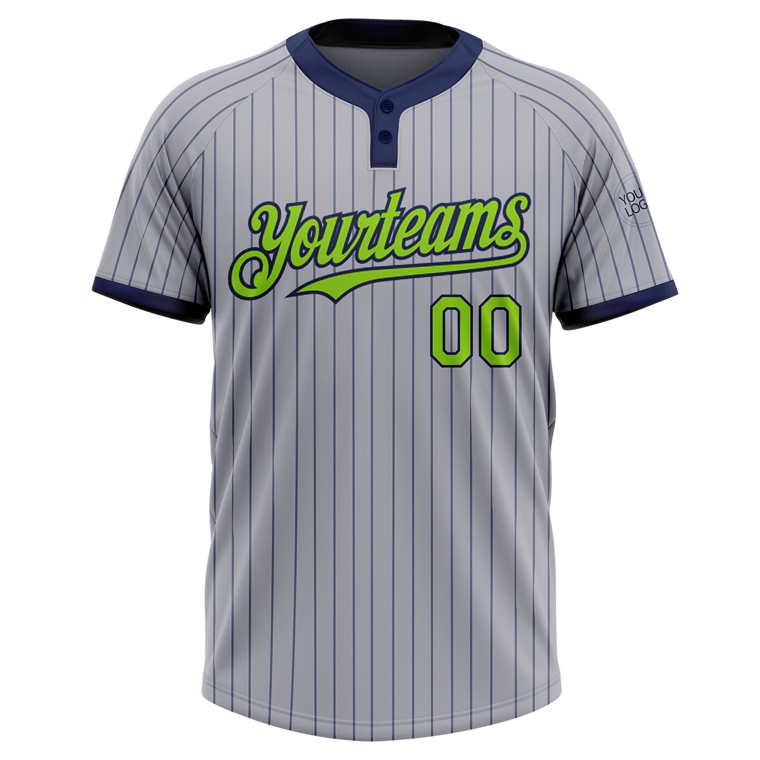 Custom Gray Navy Pinstripe Neon Green Two-Button Unisex Softball Jersey view 2