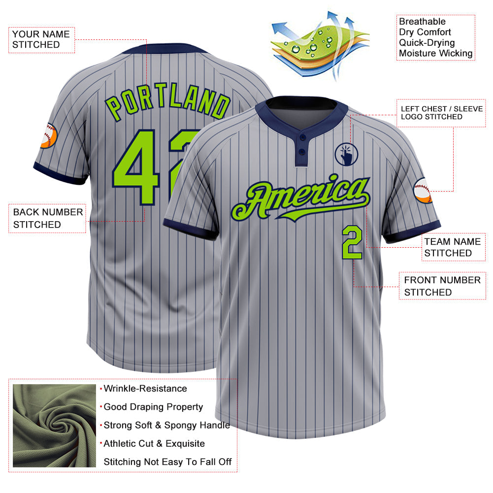 Custom Gray Navy Pinstripe Neon Green Two-Button Unisex Softball Jersey view 3