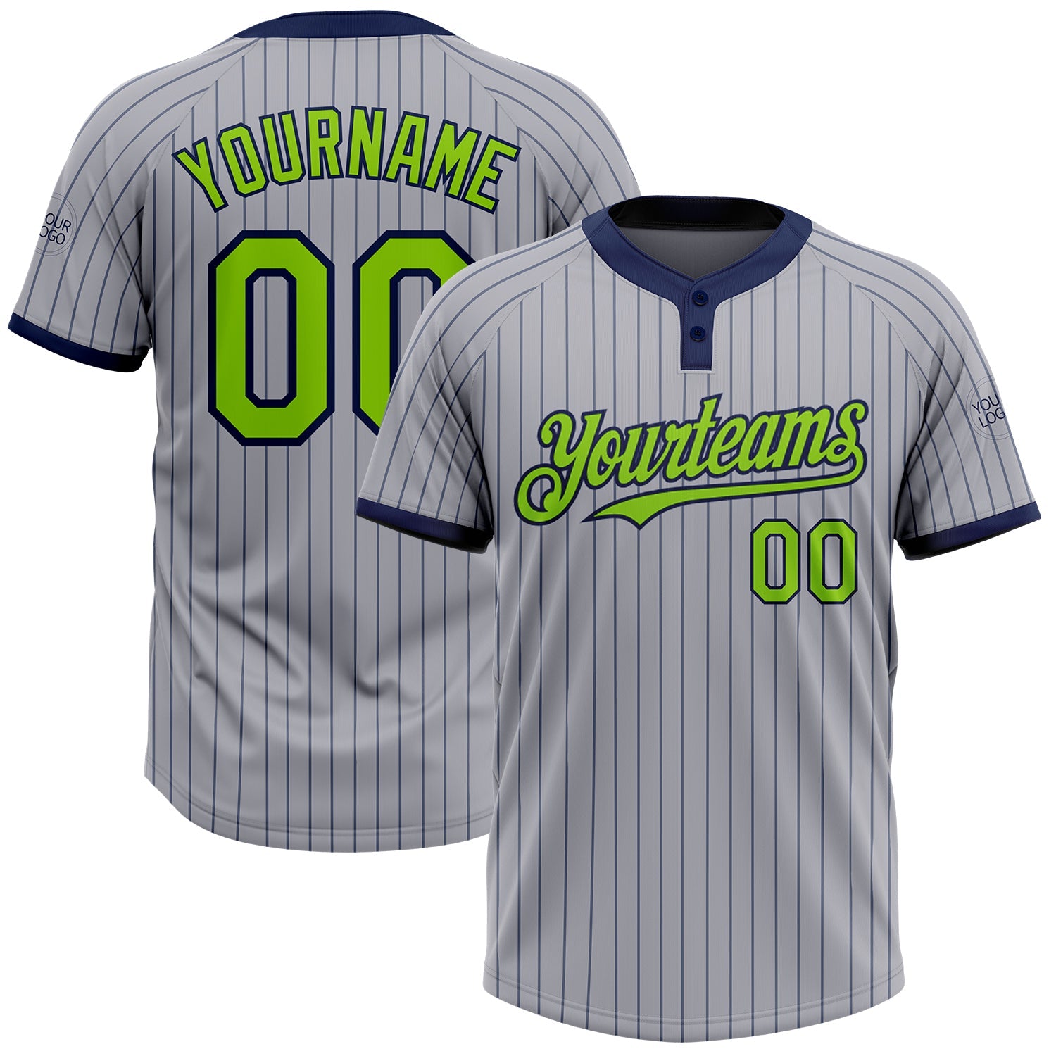 Custom Gray Navy Pinstripe Neon Green Two-Button Unisex Softball Jersey - Main View