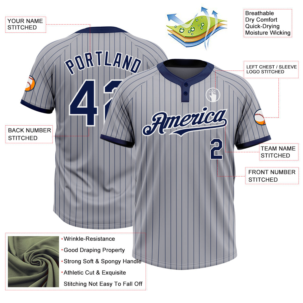 Custom Gray Navy Pinstripe White Two-Button Unisex Softball Jersey view 3